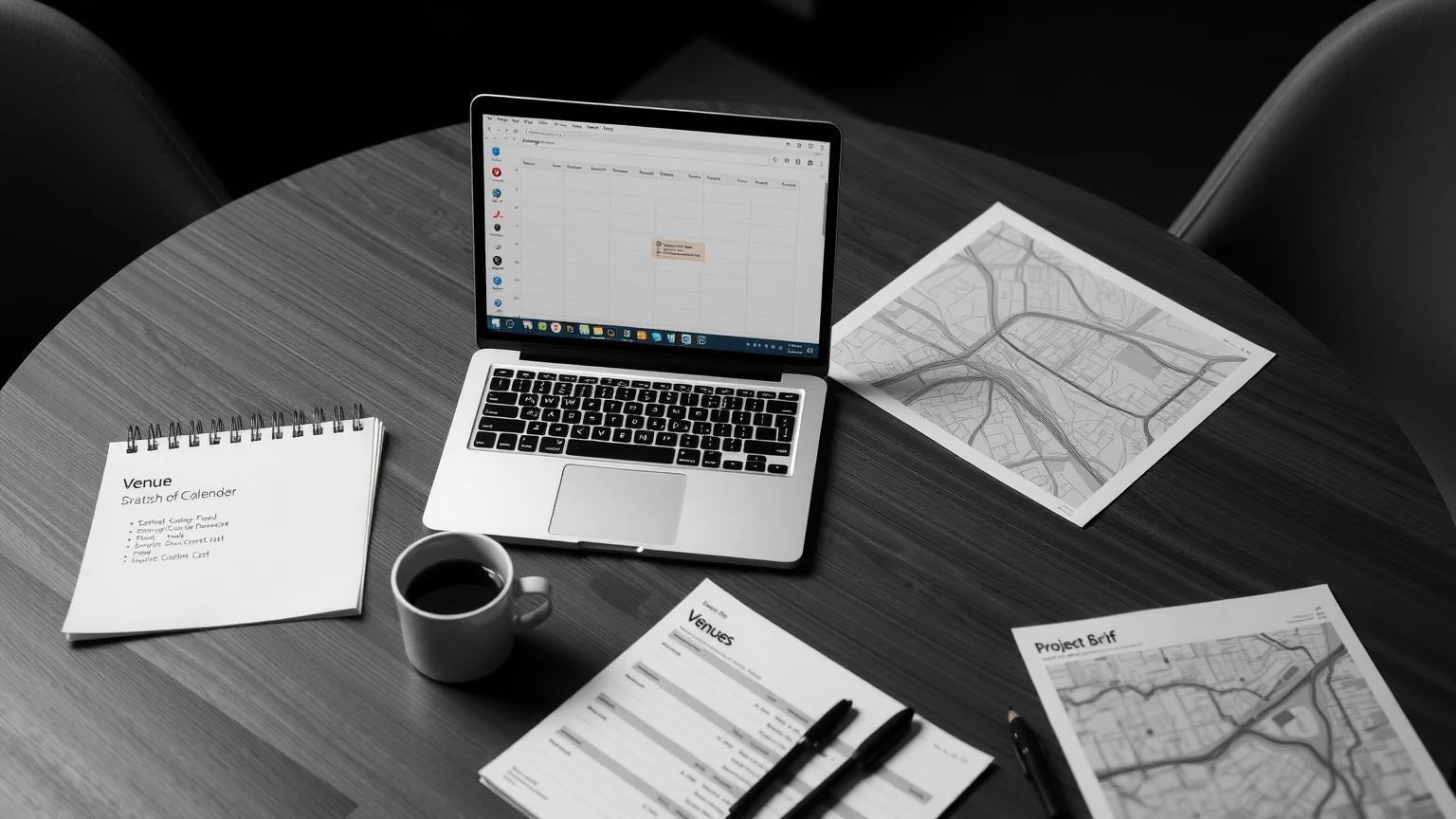 Client briefing table with laptop, calendar, budget notes, and project papers