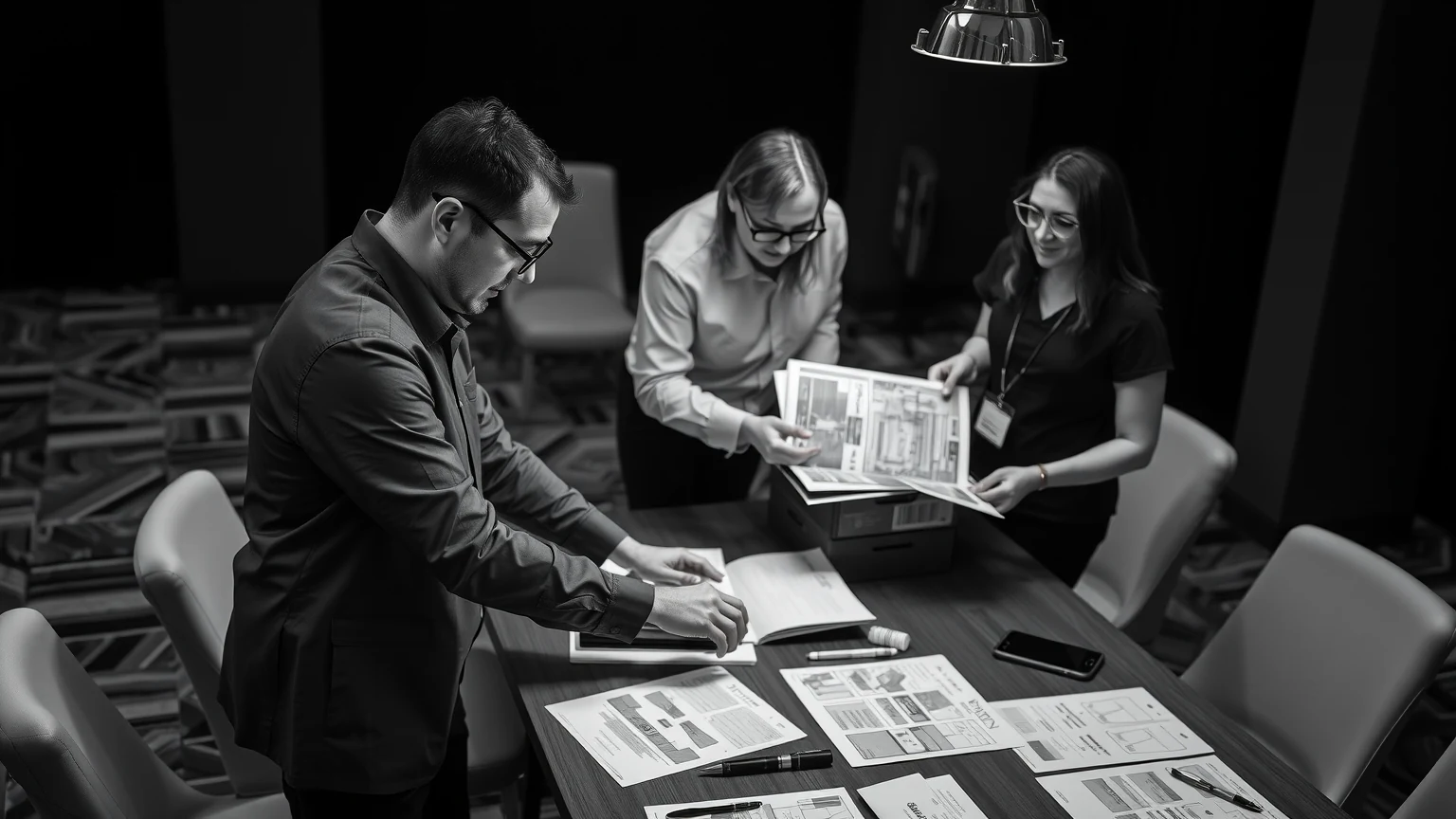 Senior event specialists collaborating around plans and technical tools