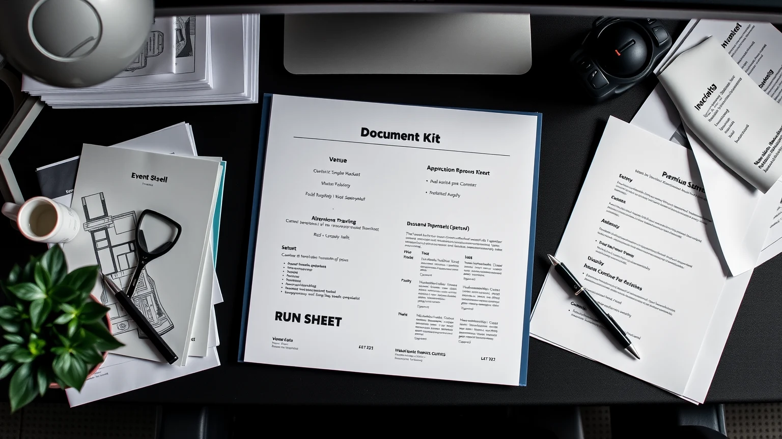 Event drawings, permit folders, run sheets, and backstage references laid out on a desk