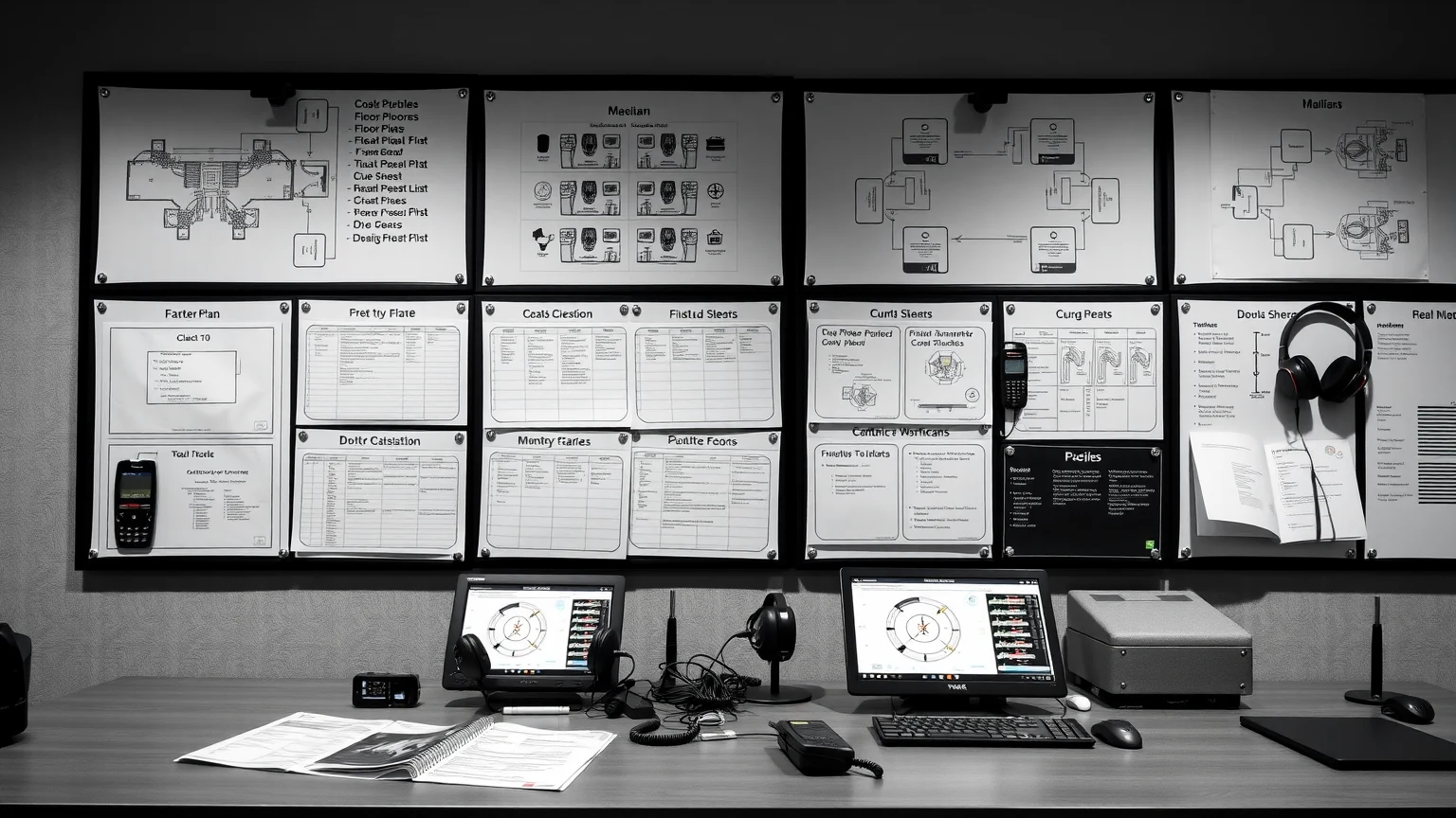 Event workflow wall with floorplans, schedules, and production tools