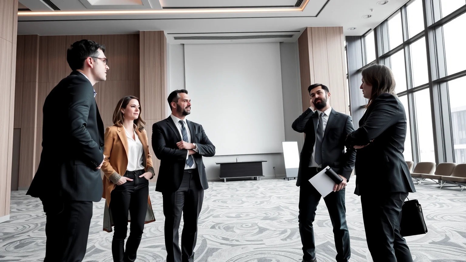 Event managers reviewing a modern Los Angeles venue before setup