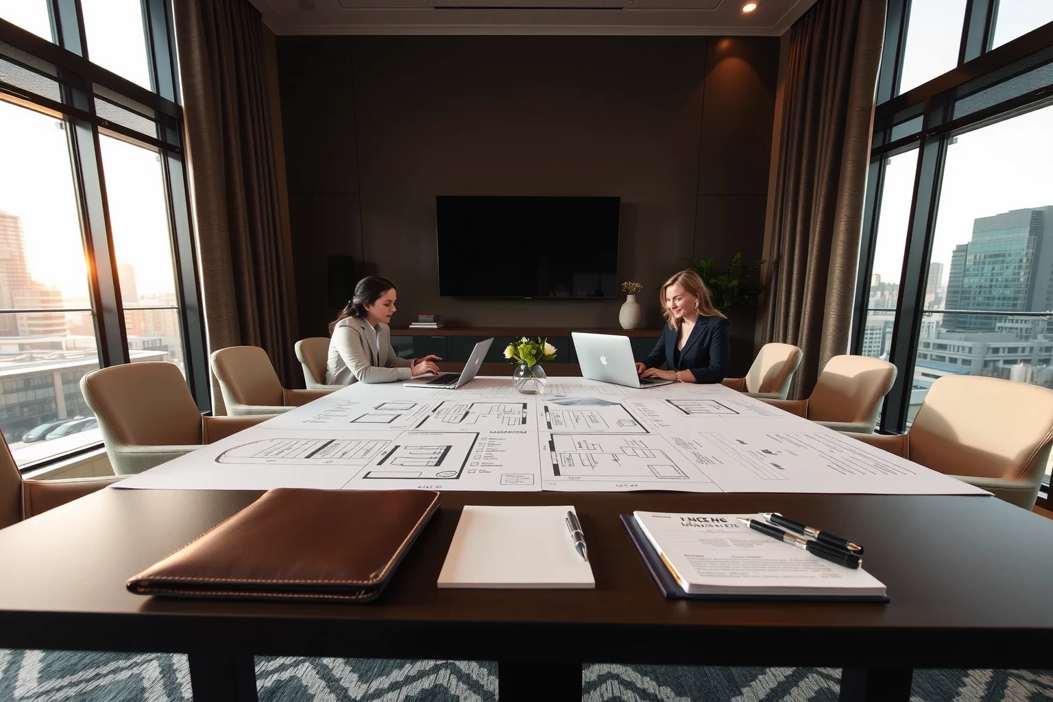 Premium event consultation room with planning materials and city glow