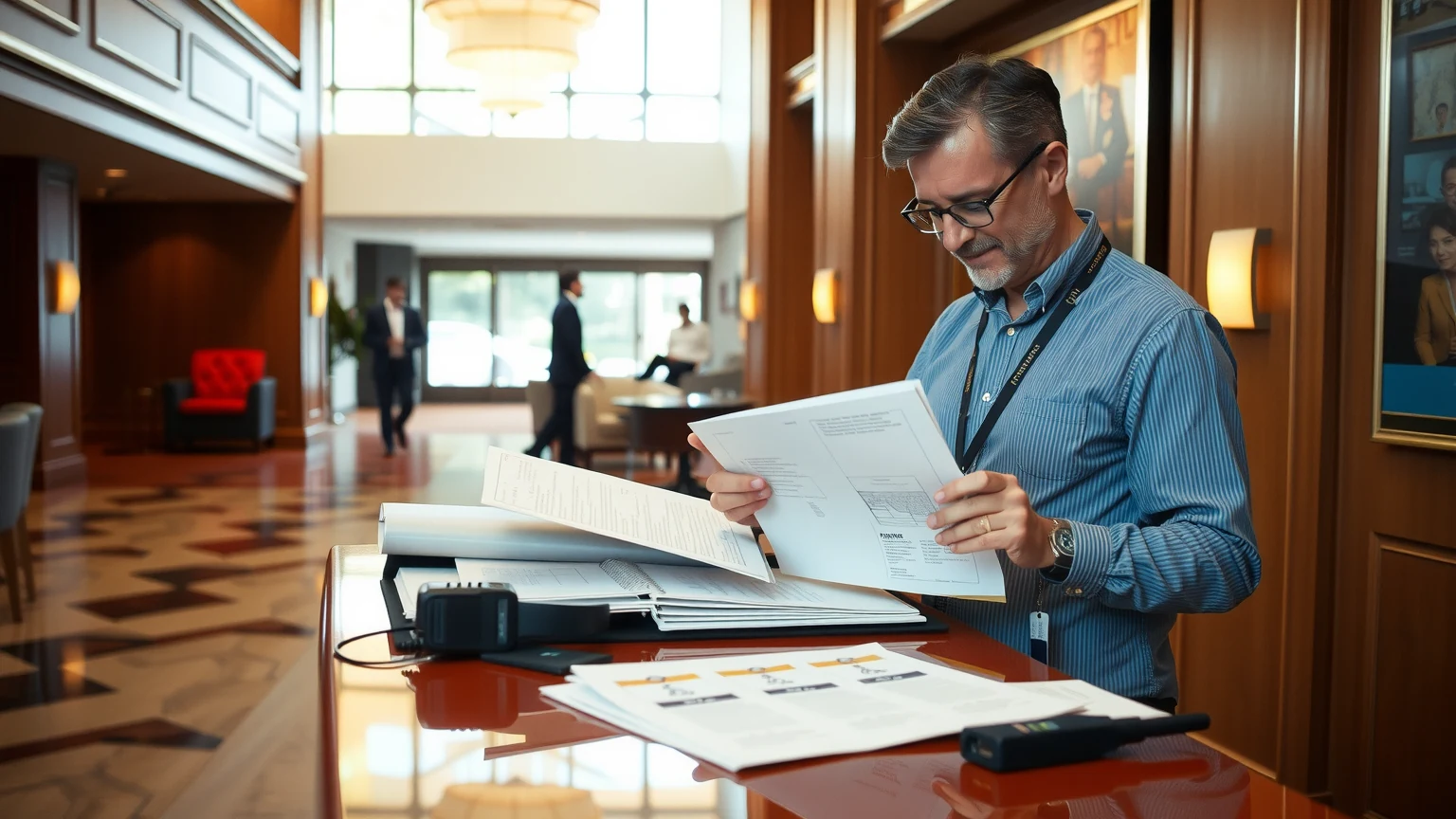 Permit plans and compliance materials arranged in a premium venue lobby