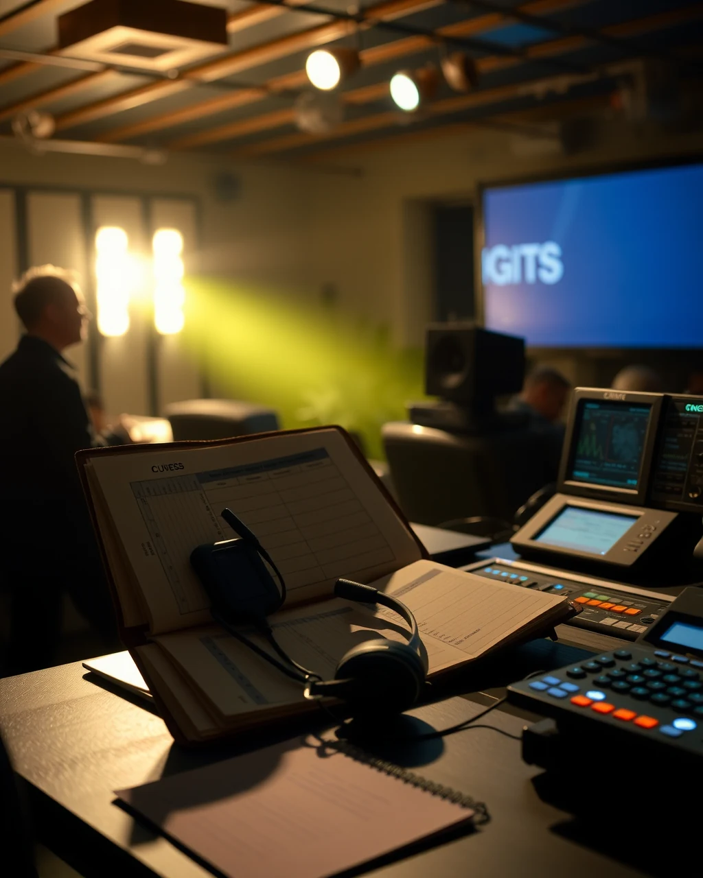 Show calling station with cue sheets and live control systems