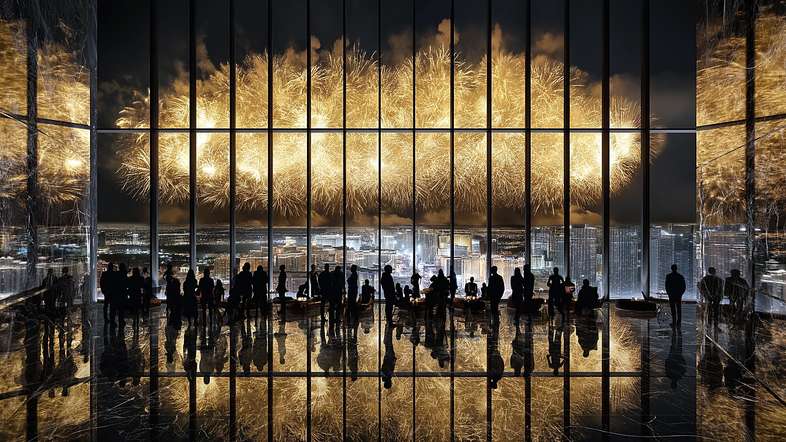 Wide dark luxury penthouse lounge with silhouetted VIP guests and brilliant fireworks beyond a monumental Las Vegas window