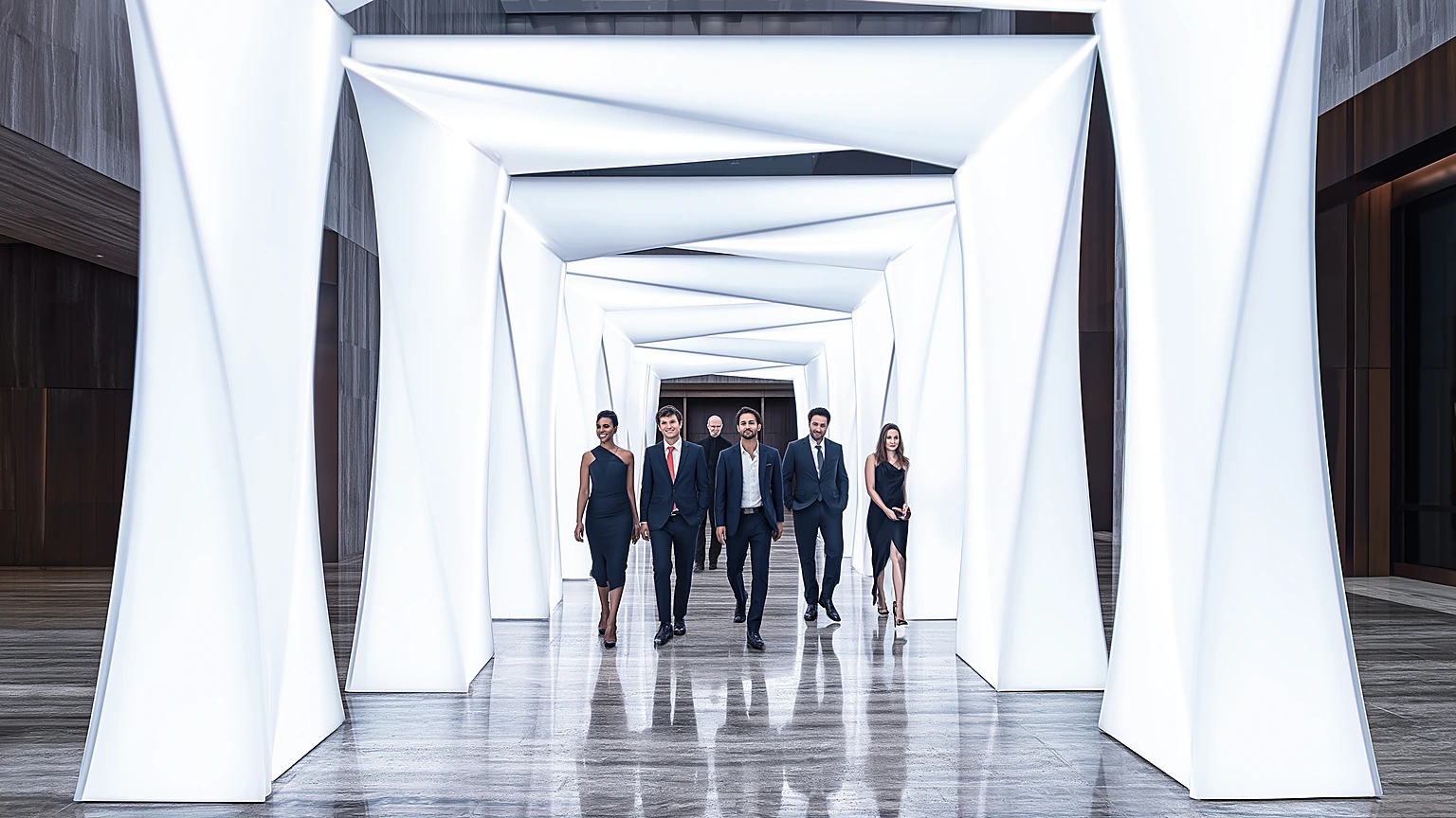 Branded installation and digital signage environment in a modern lobby