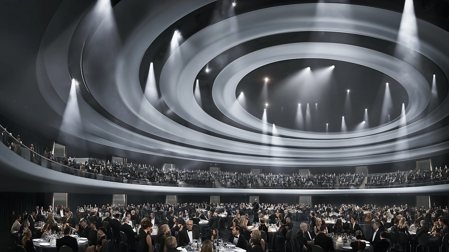 Refined gala stage with dramatic theatrical lighting