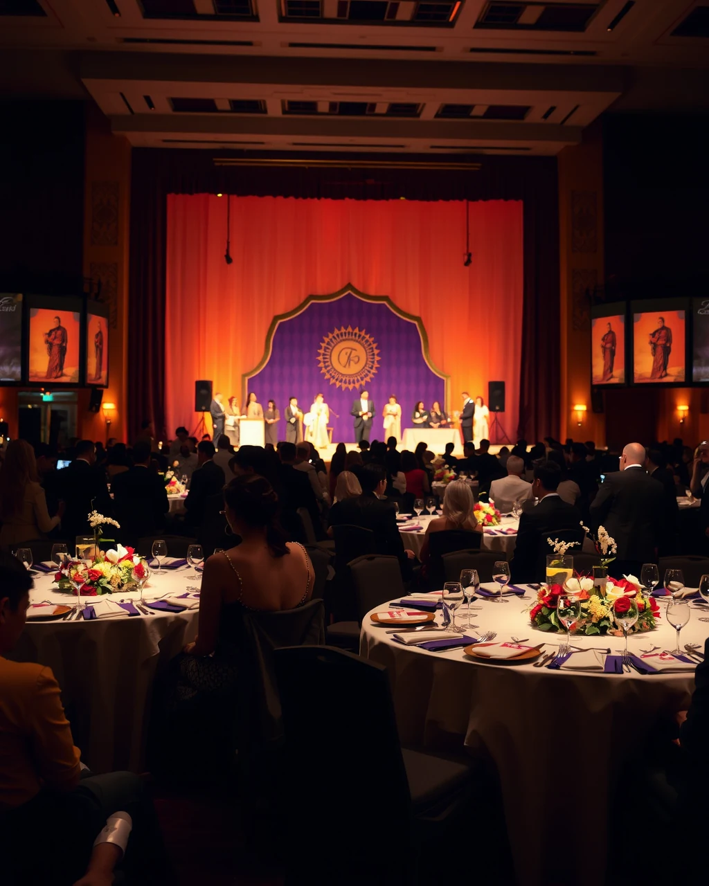 Evening cultural gala stage with elegant audience setting