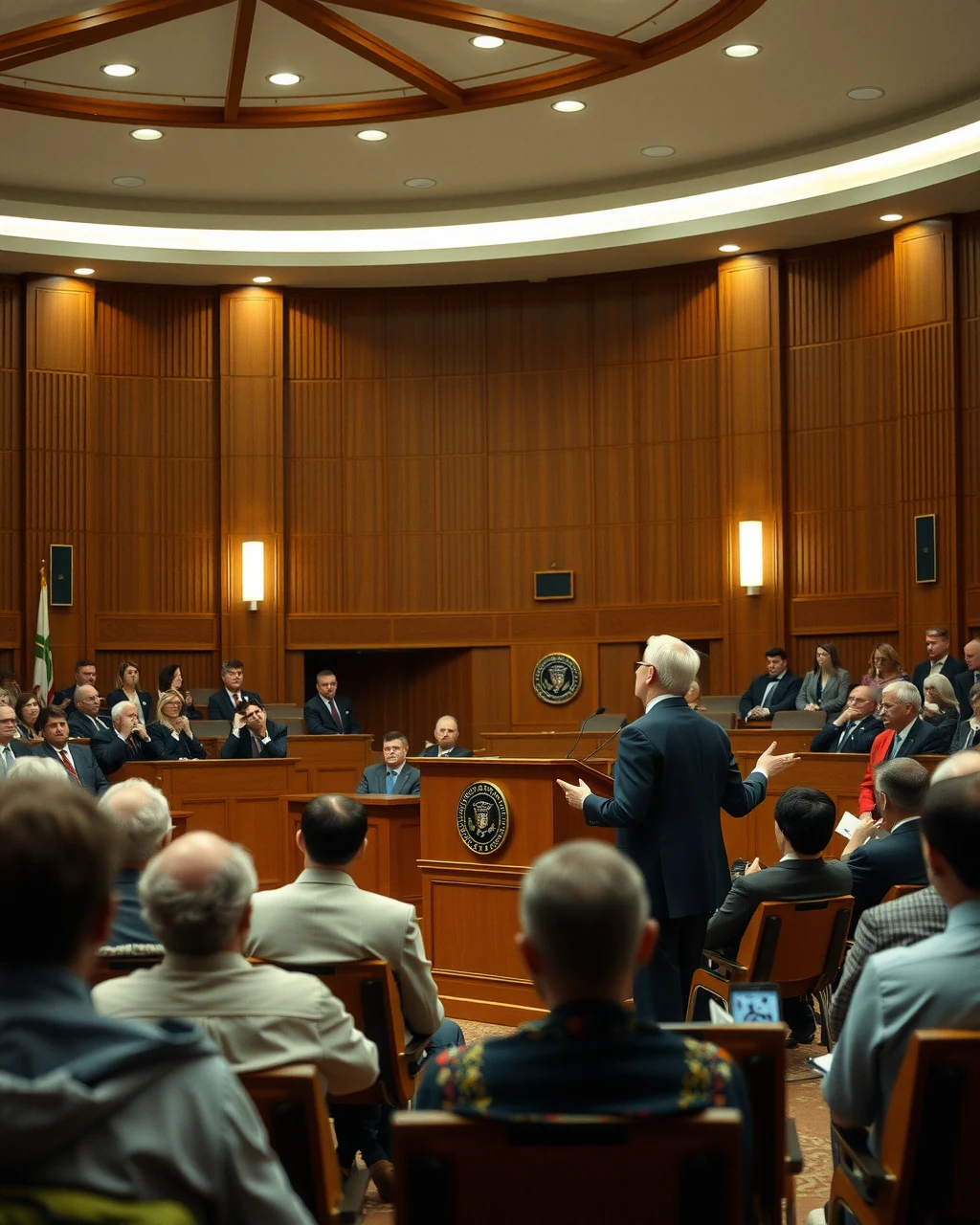 Formal civic presentation stage in a public institution hall