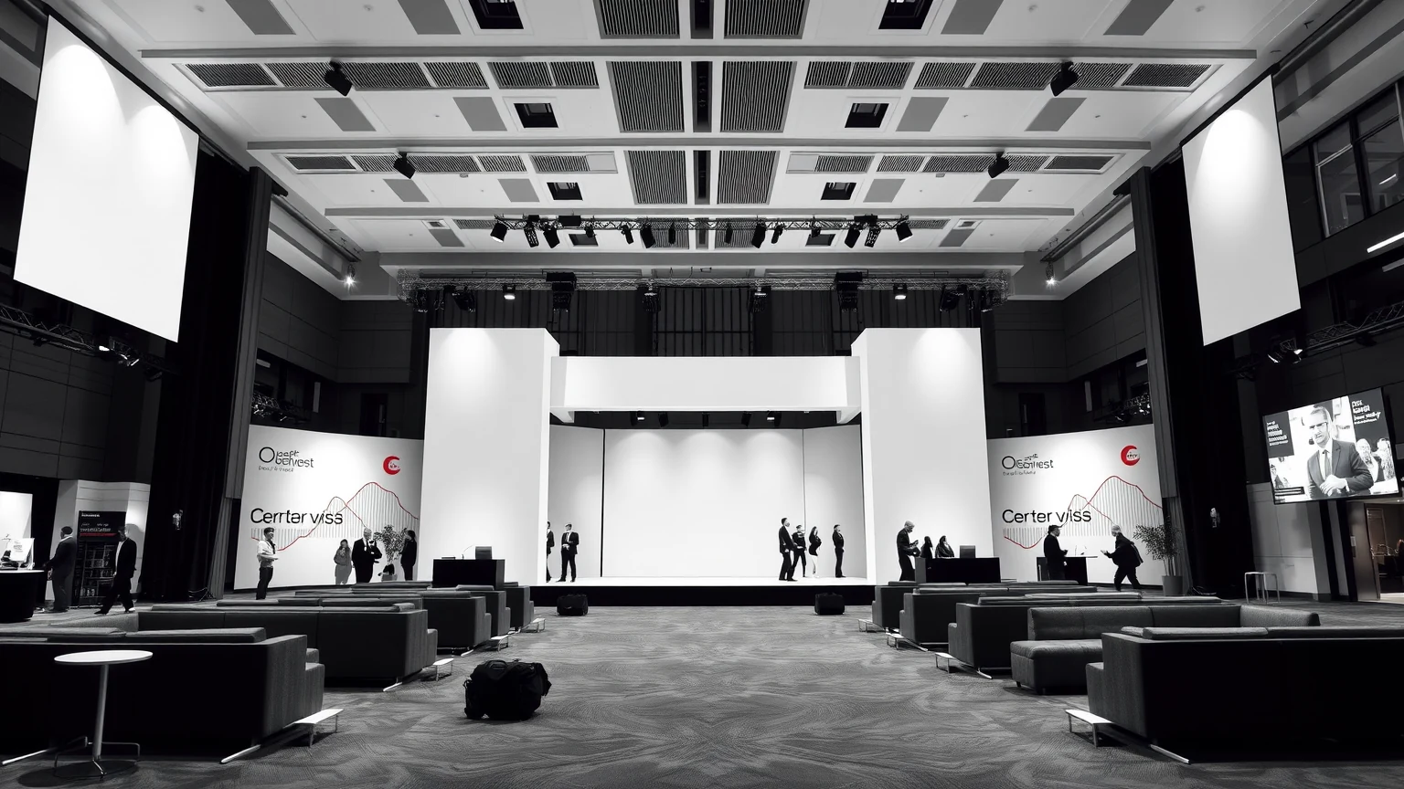 Premium event environment showing stage, signage, and lounge presentation zones