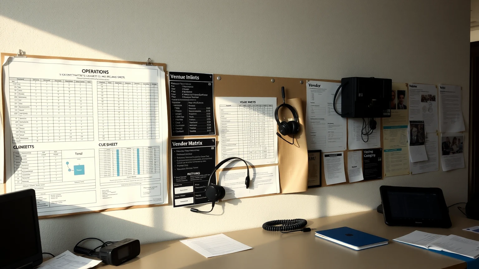 Event workflow wall with floorplans, schedules, and production tools