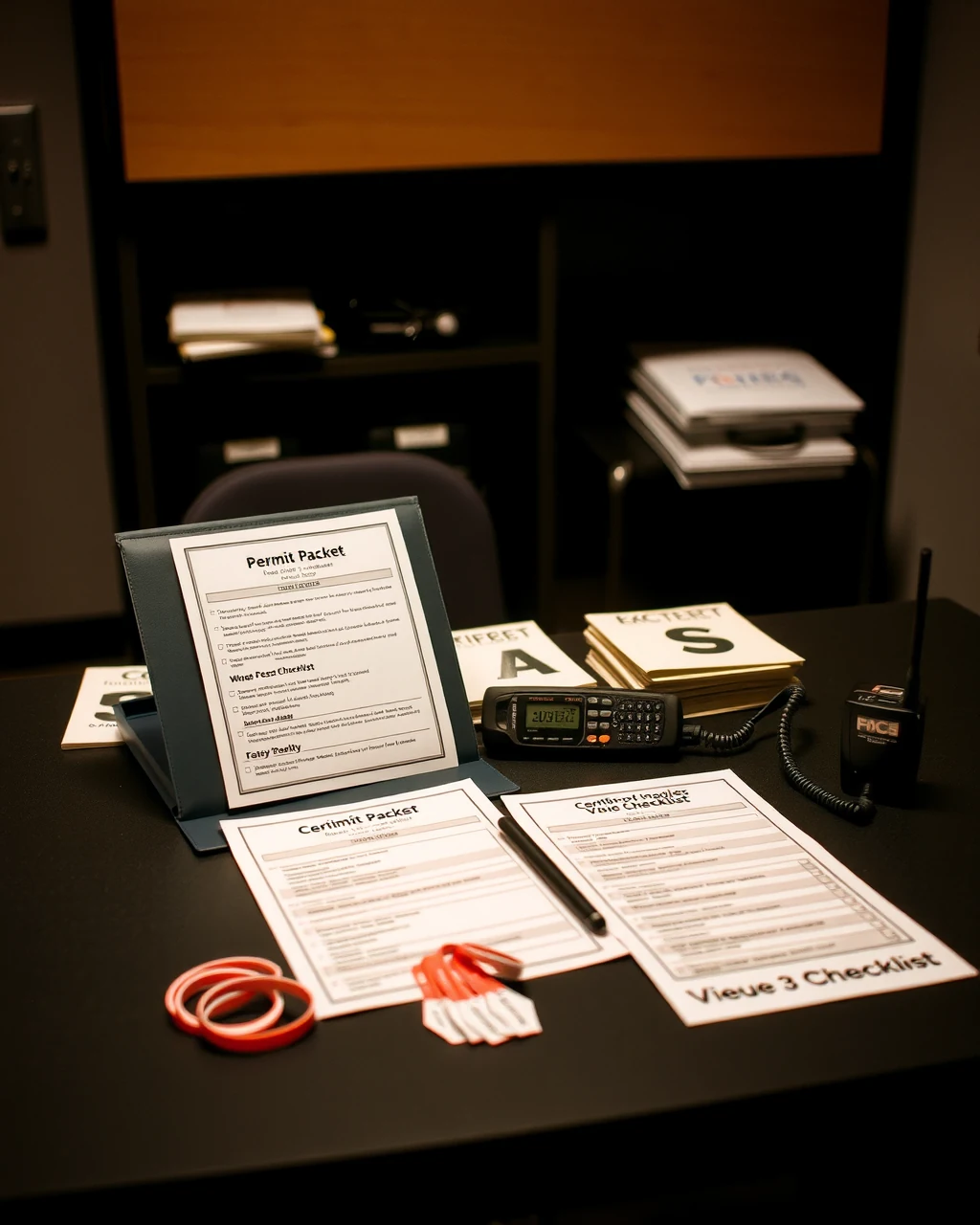 Permit plans and compliance documents on an operations table
