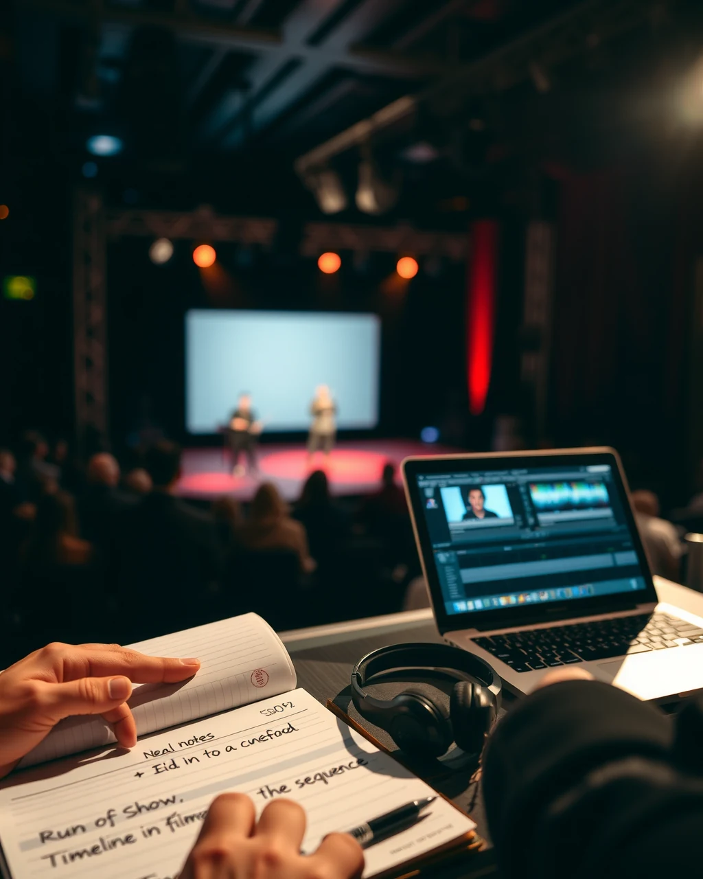 Show flow planning session with cue notes and screen sequencing