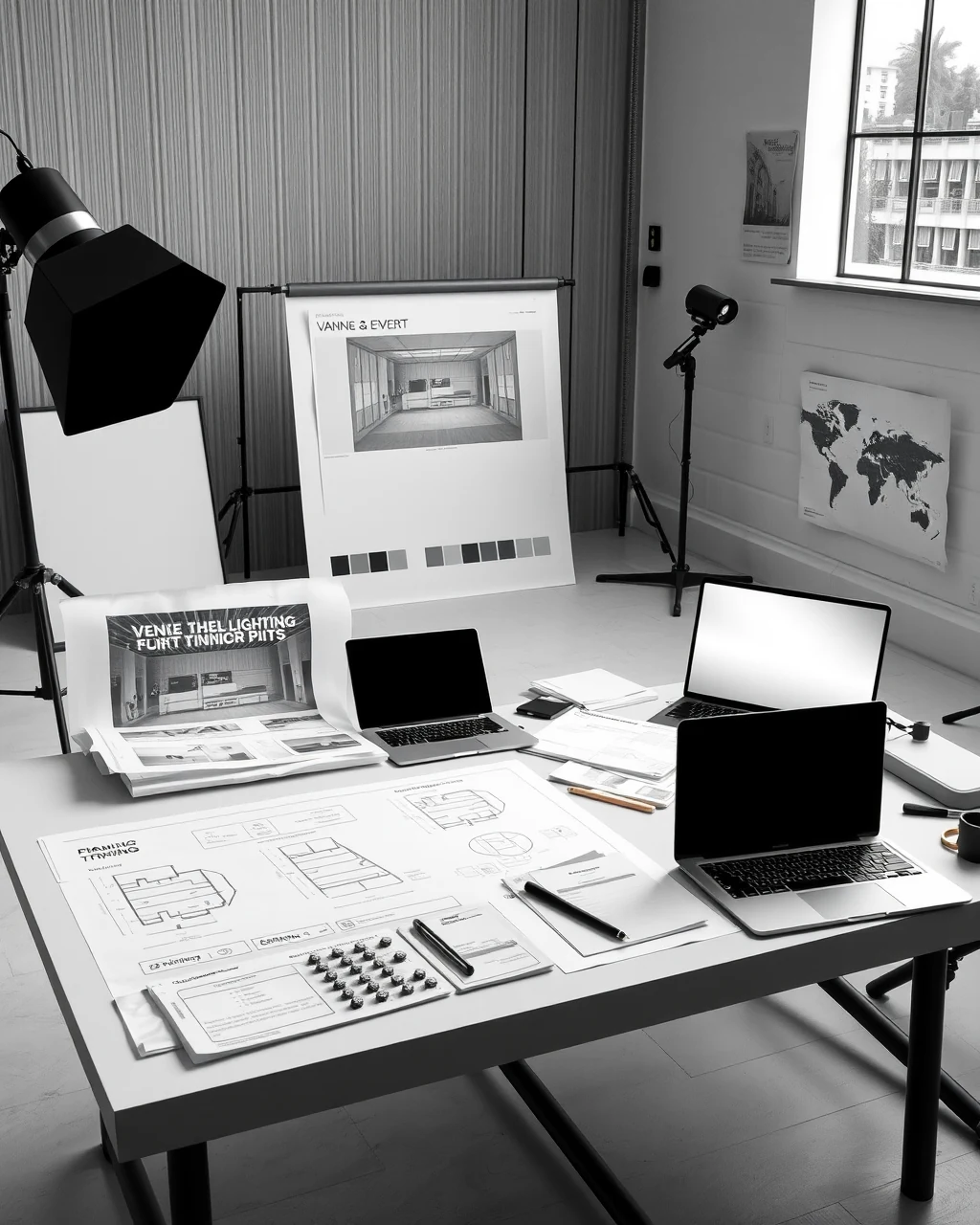 Production planning studio scene with diagrams and materials
